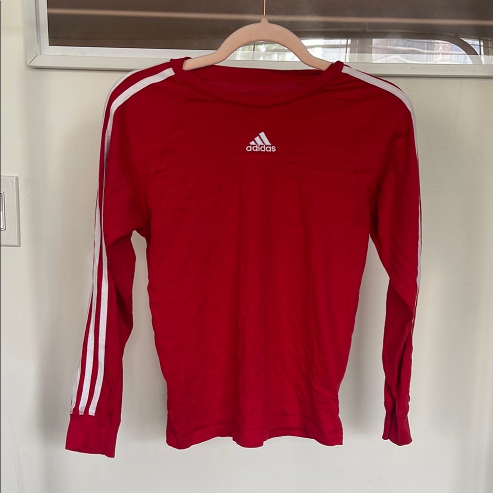 adidas Red Long Sleeve Three-Stripe Tee